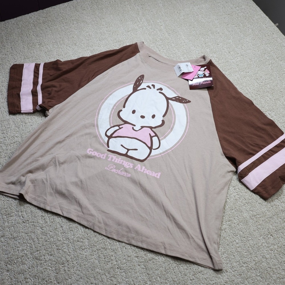 Sanrio Pochacco Good Things Ahead Brown Raglan Graphic T-Shirt Large NWT
